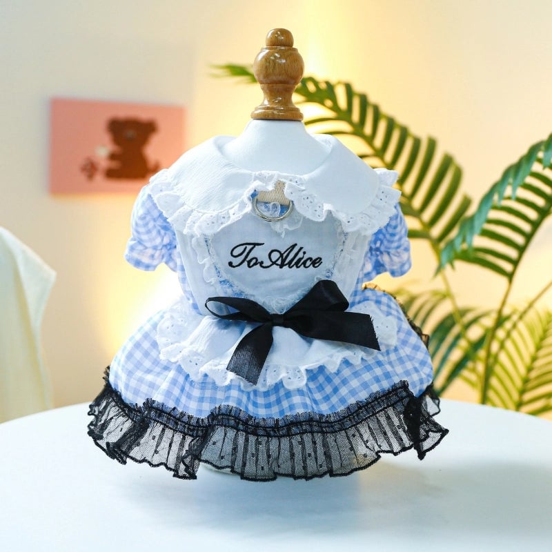 Pet Ring Dog Clothes Spring And Summer New Medium And Small Dog Blue And White Plaid Doll Collar Dress Fairy Tale Princess Dress