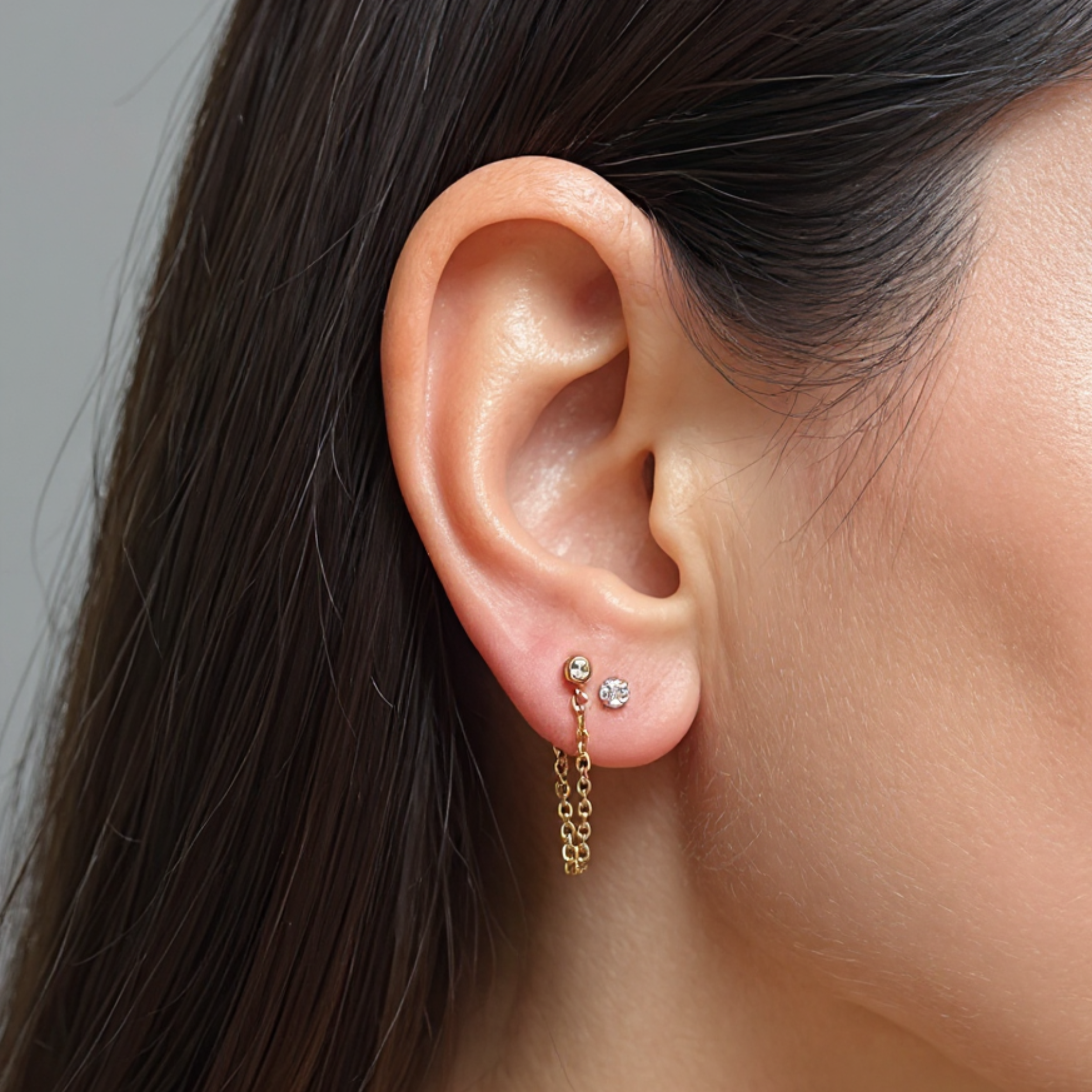 Chained 3mm framed diamond style studs - Gold