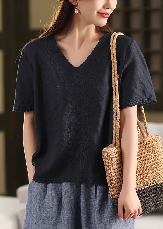 New Green V Neck Embroidered Linen T Shirts Summer