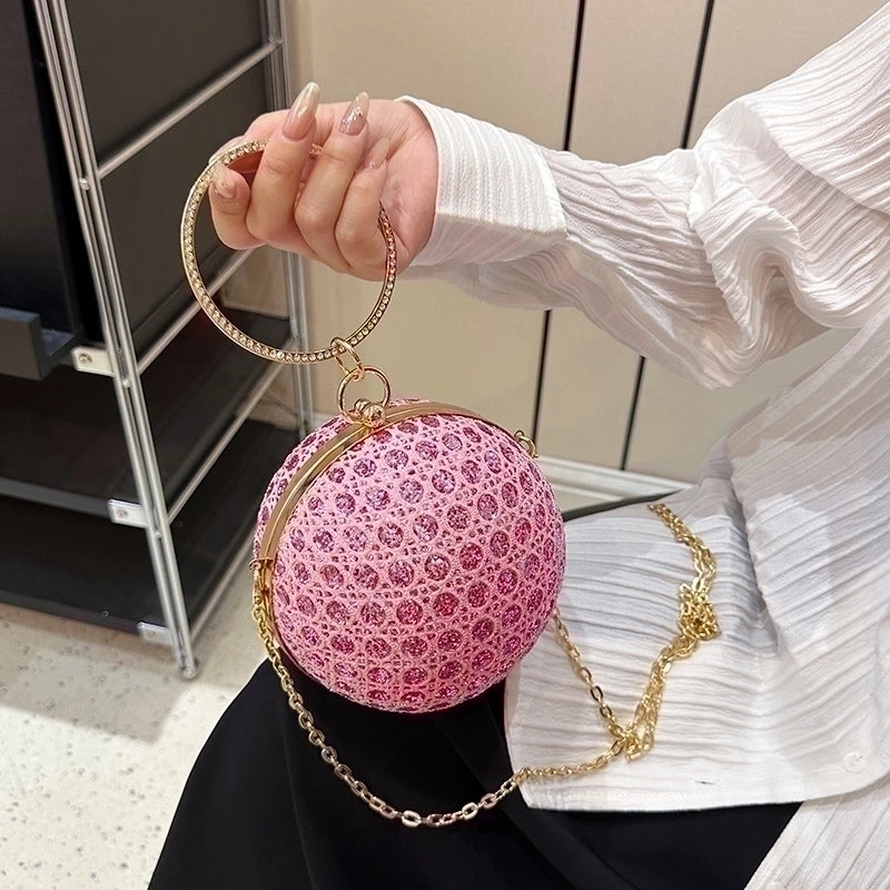 White Pink Gold Pu Leather Solid Color Sequins Round Evening Bags