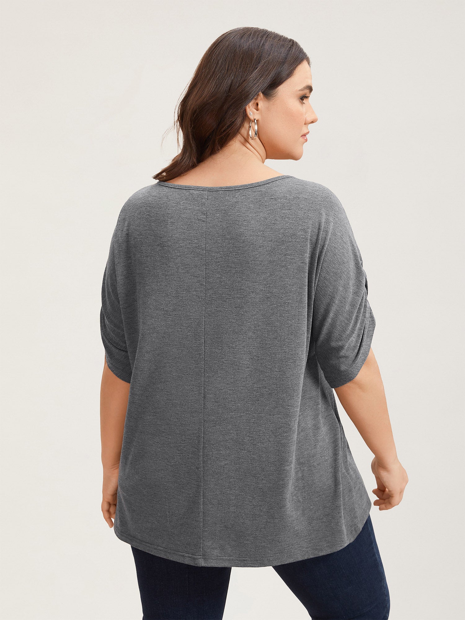 Stretchy Solid Color Gathered Sleeve T-Shirt