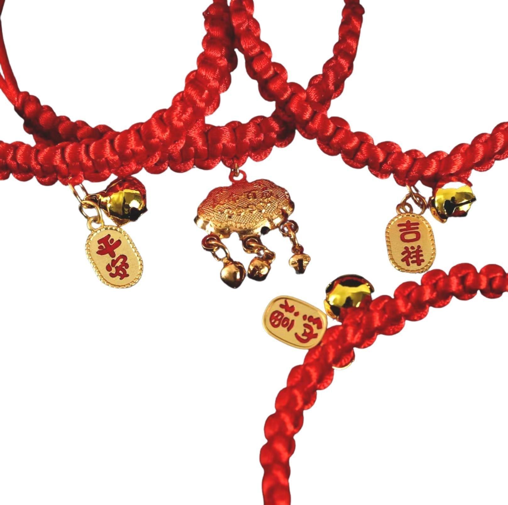 Pet Woven Red String Adjustable Collar With Chinese Style Forturne Pendants