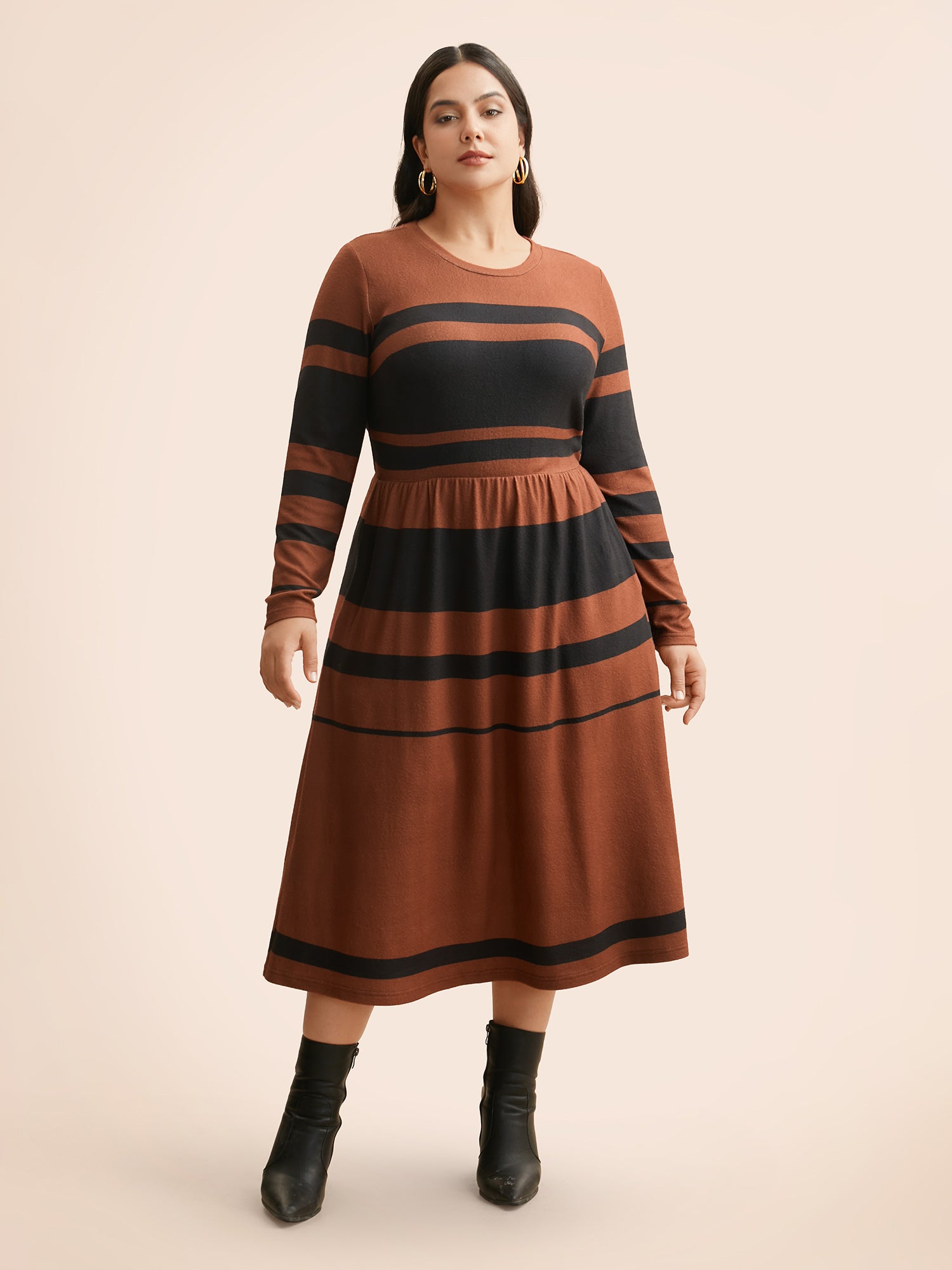 Crew Neck Striped Patchwork Elastic Waist Dress