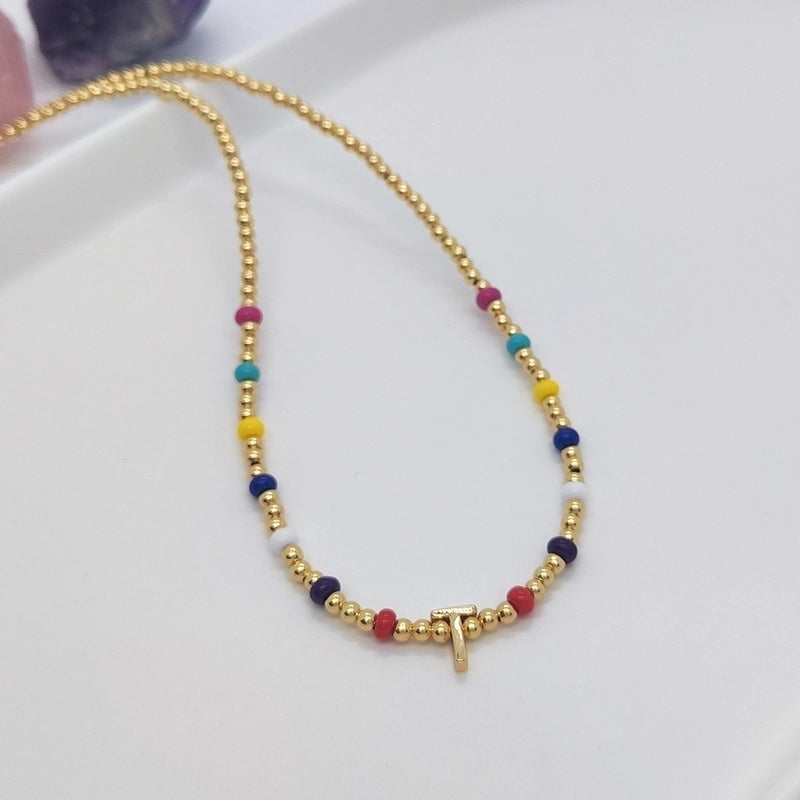 Ig Style Minimalist Letter Glass Copper Beaded Knitting Plating 18k Gold Plated Necklace