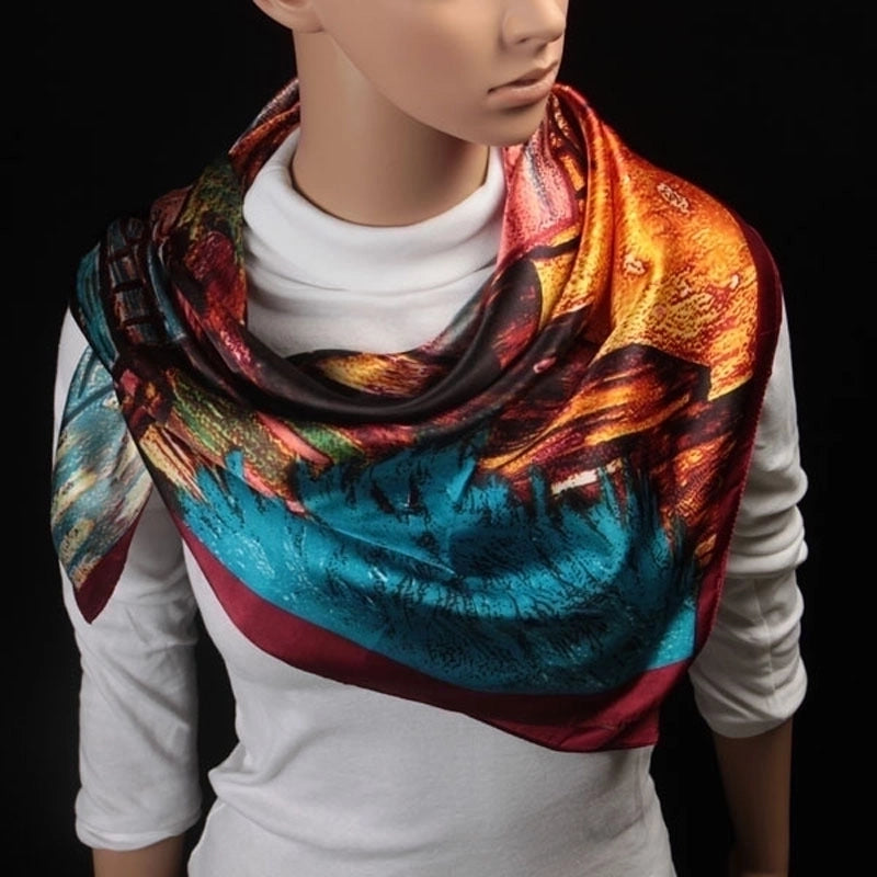 90cm Oil Painting Coffee House Alley Satin Ladies Large Square Scarf