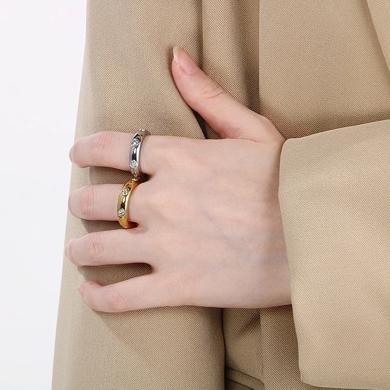 Minimalist Round 304 Stainless Steel Zircon 18K Gold Plated Inlay Rings