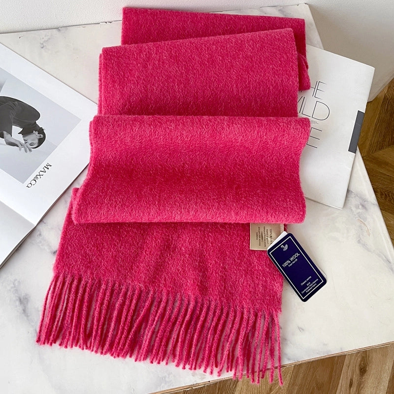 White Pure Wool Scarf Female Winter Student Warm Scarf New Versatile Tassel Narrow Scarf Couple