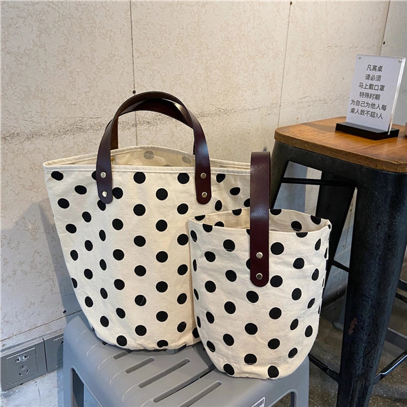 Women's Medium Canvas Round Dots Smile Face Cute Bucket Open Handbag