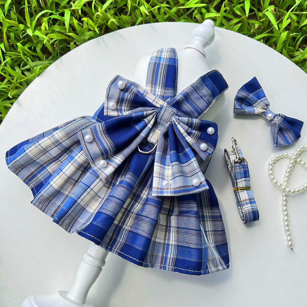 Pearl Decor Plaid Dog Harness Dress&Leash