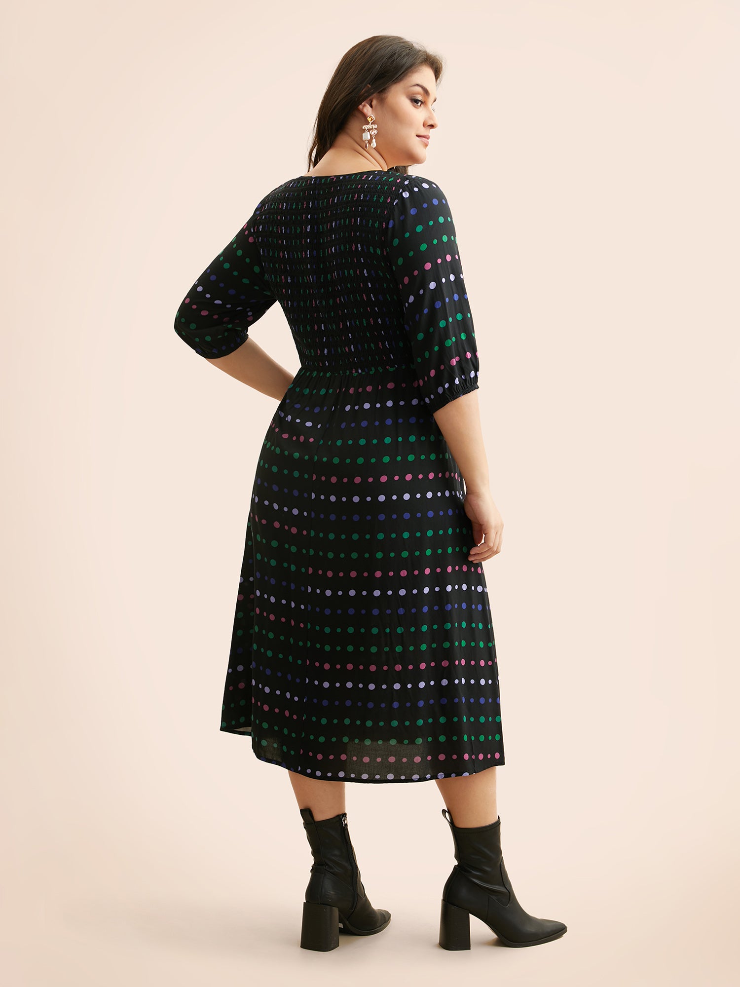 Polka Dot Shirred Lantern Sleeve Dress
