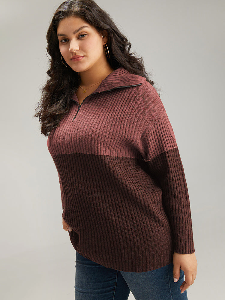 Colorblock Contrast Half Zip Lapel Collar Pullover