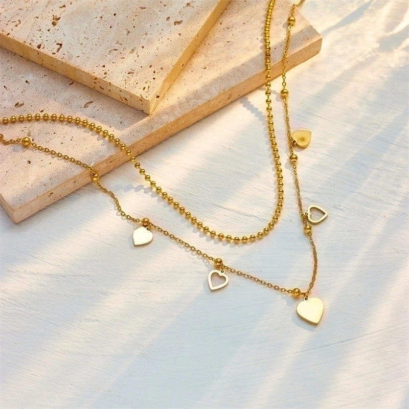 Elegant Lady Heart Shape Titanium Steel Plating Inlay Zircon Layered Necklaces