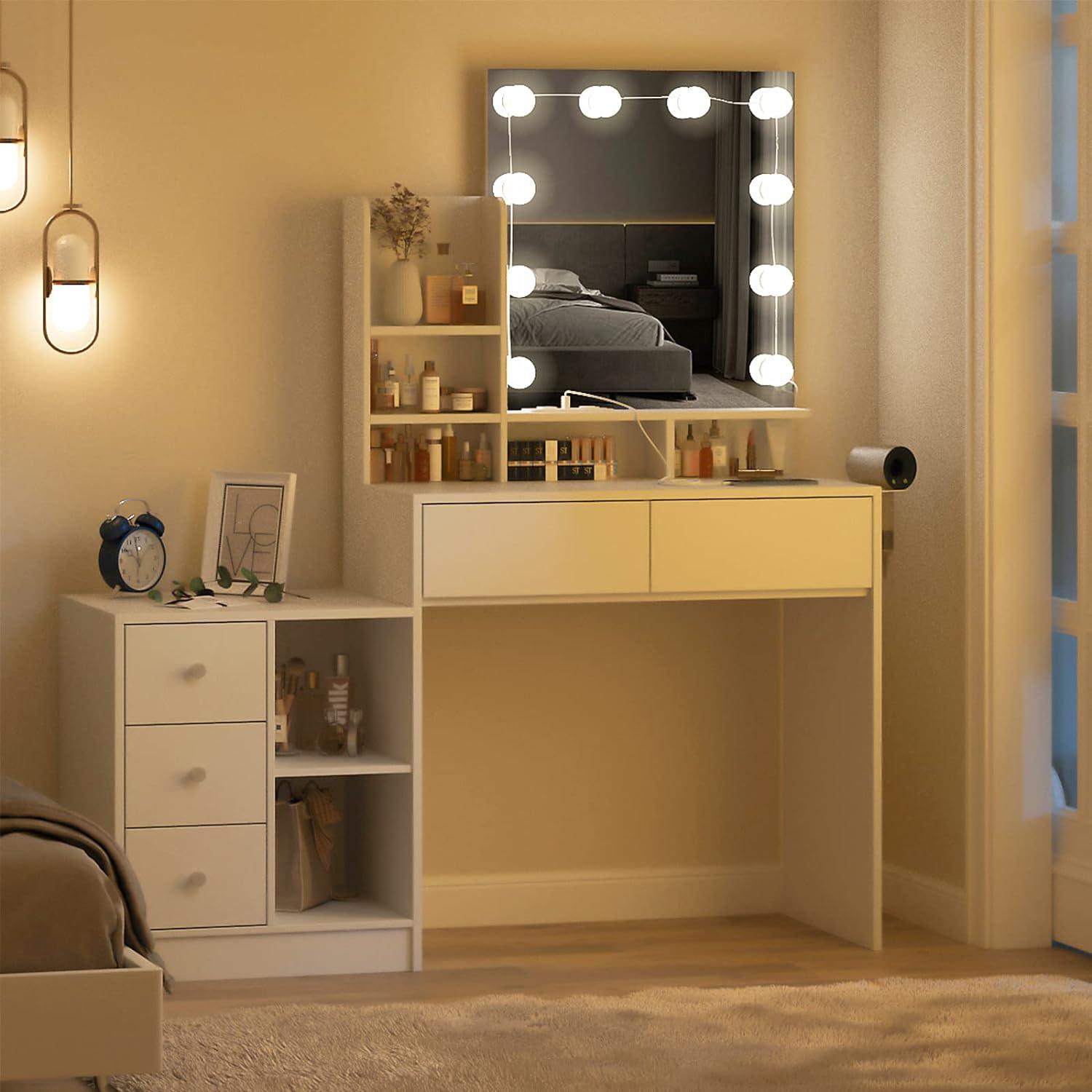 Functional White Vanity Table with 5 Drawers and Lots Storage Shelves for Women Girls