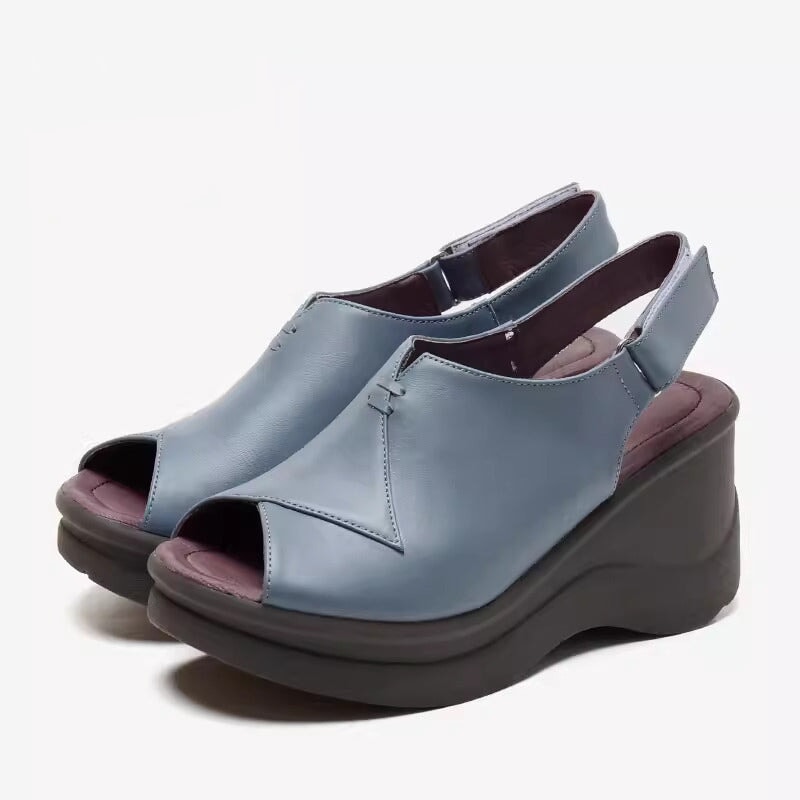 Soft Leather Platform Sandals Peep Toe Slingback High Heel Sandals in Black/Blue/Beige