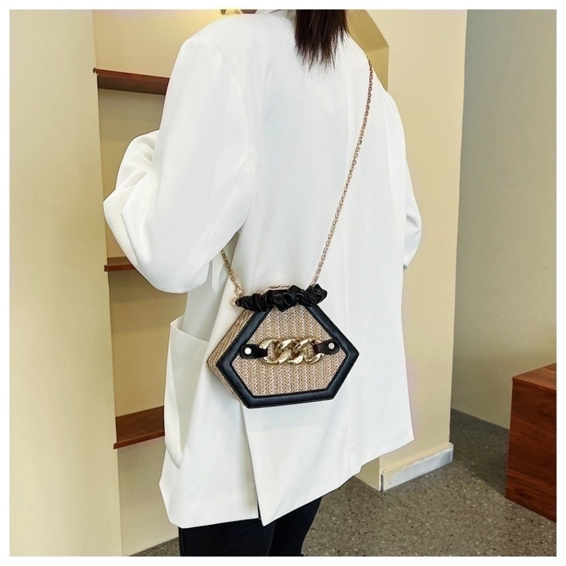 Women's Small Straw Geometric Classic Style Lock Clasp Straw Bag