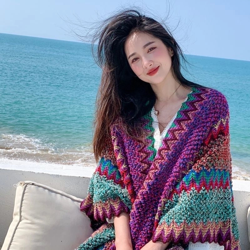 Travel Outside Knitted Shawl Ethnic Style Vintage Cape Cloak Tassel Scarf For Vacation Wear