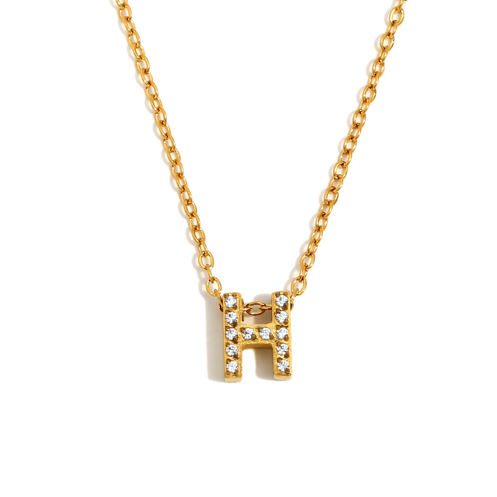 Fashionable And Simple 26 English Letter Pendant Stainless Steel Plated 18K Gold Diamond Small Letter Necklace For Women