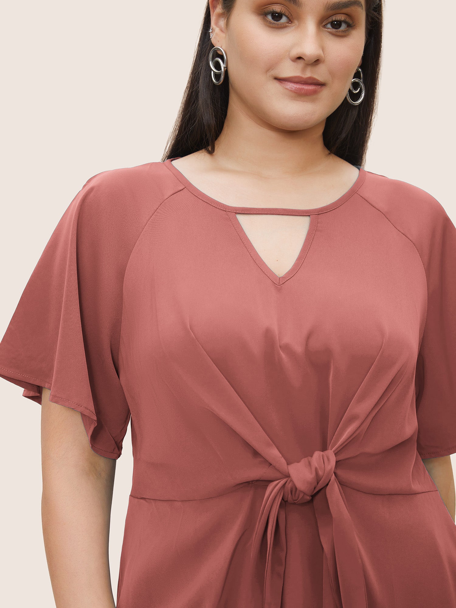 Plain Keyhole Knotted Front Ruffle Sleeve Blouse