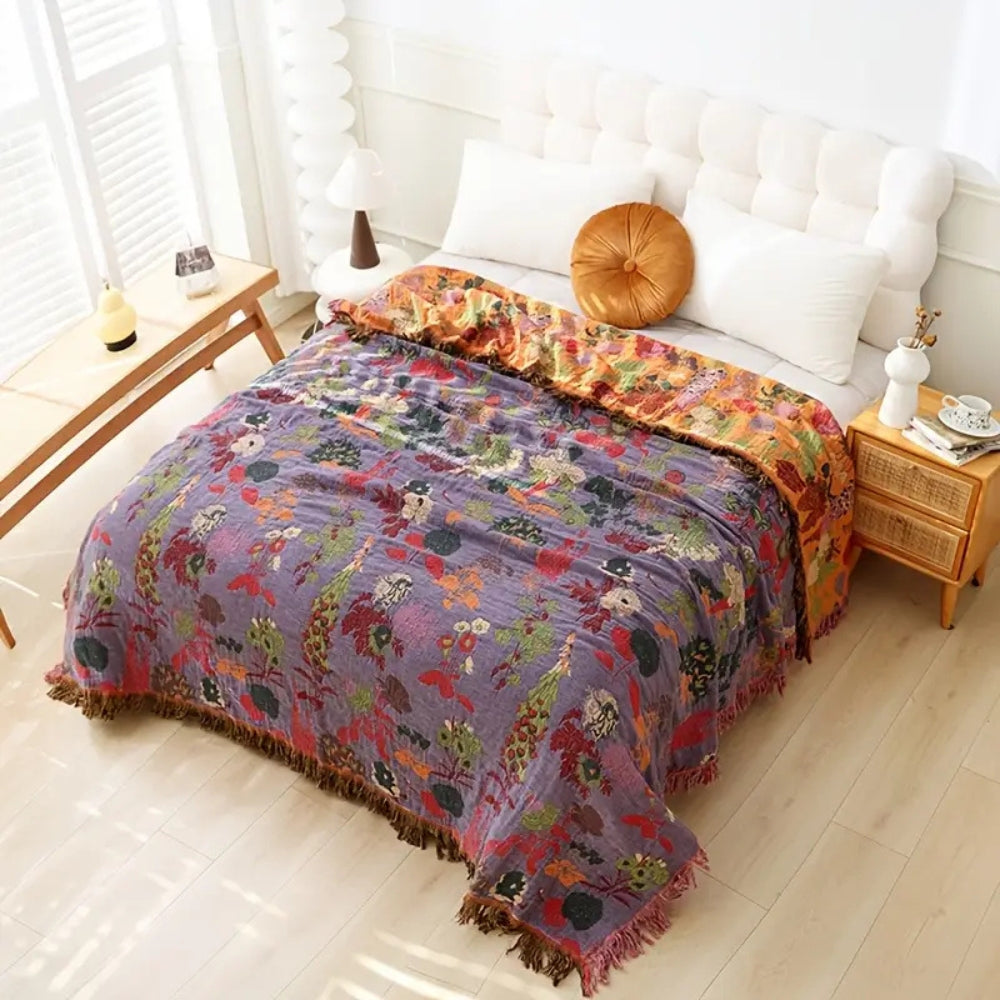 Botanic Floral Cotton Tassel Blanket