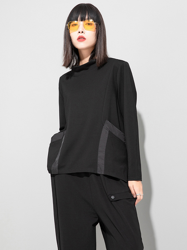 Casual Loose Long Sleeves Split-Joint Solid Color Stand Collar T-Shirts Tops