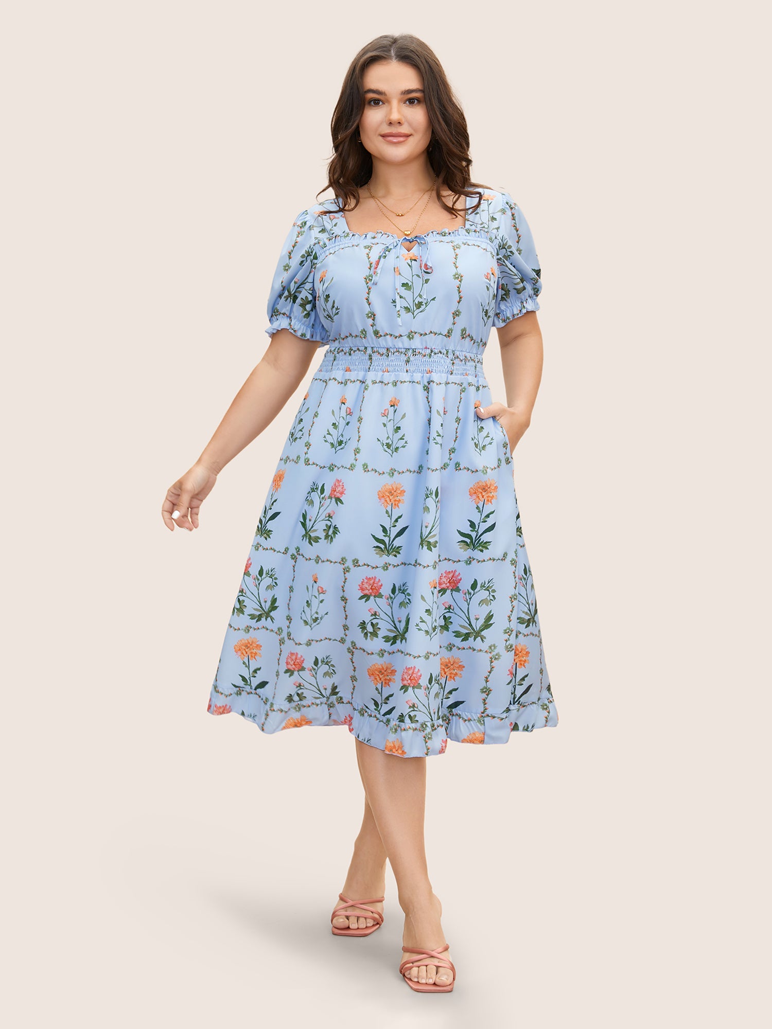 Boho Print Tie Knot Shirred Lantern Sleeve Dress