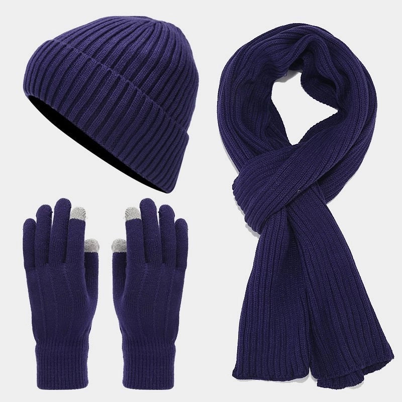 Autumn And Winter New Fleece-lined Warm Men's Hat Scarf Gloves Cold-proof Suit Women's Trendy Thickened Knitted Three-piece Set
