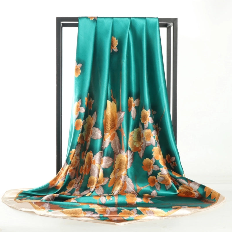 Women's Elegant Formal Peacock Flower Satin Silk Scarf