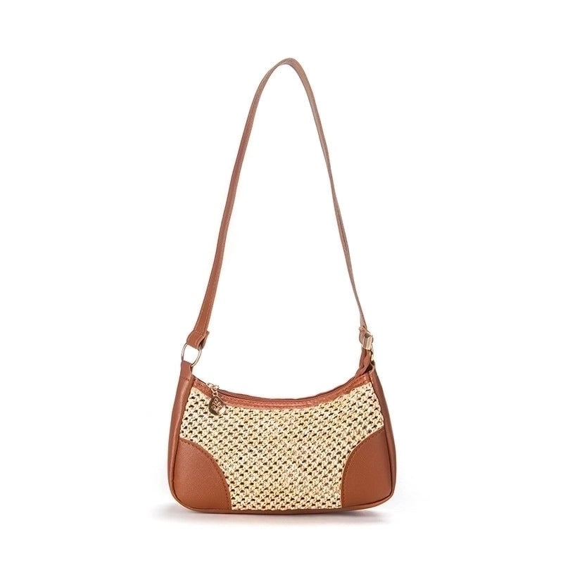 Women's Small Straw Color Block Basic Vacation Dumpling Shape Zipper Shoulder Bag Crossbody Bag Straw Bag