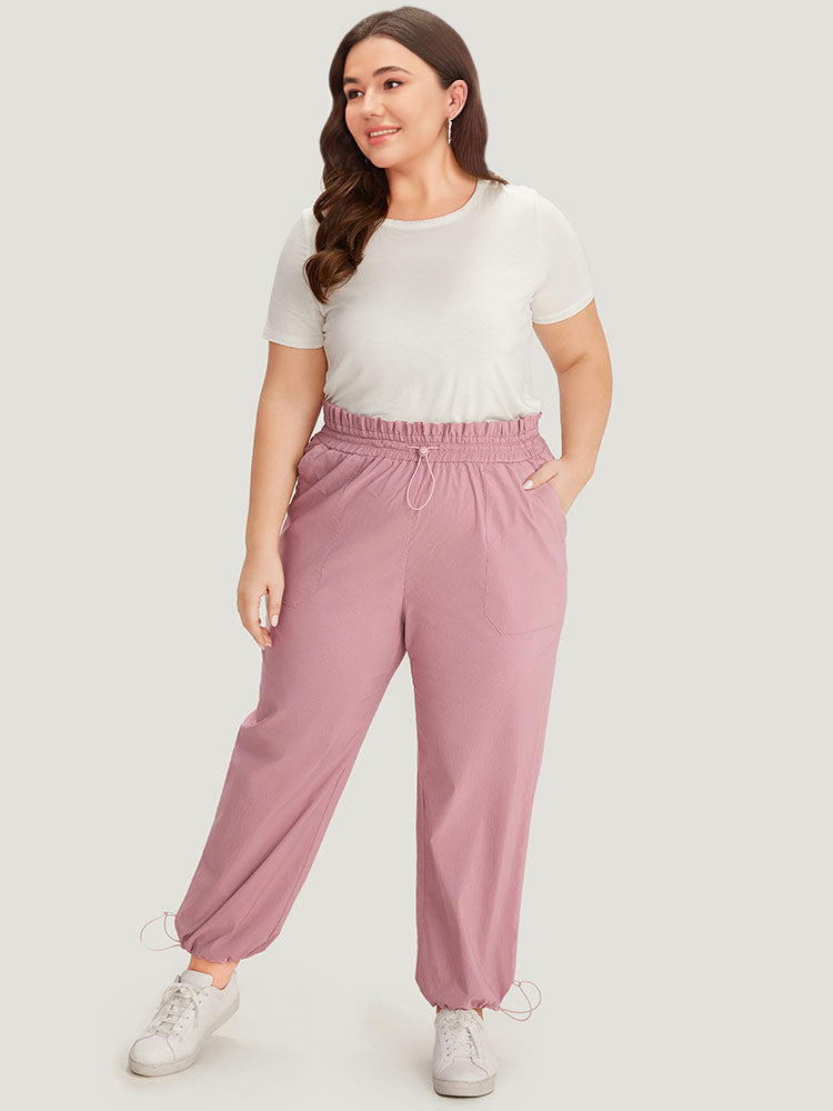 Plain Paperbag Waist Drawstring Hem Slant Pocket Pants