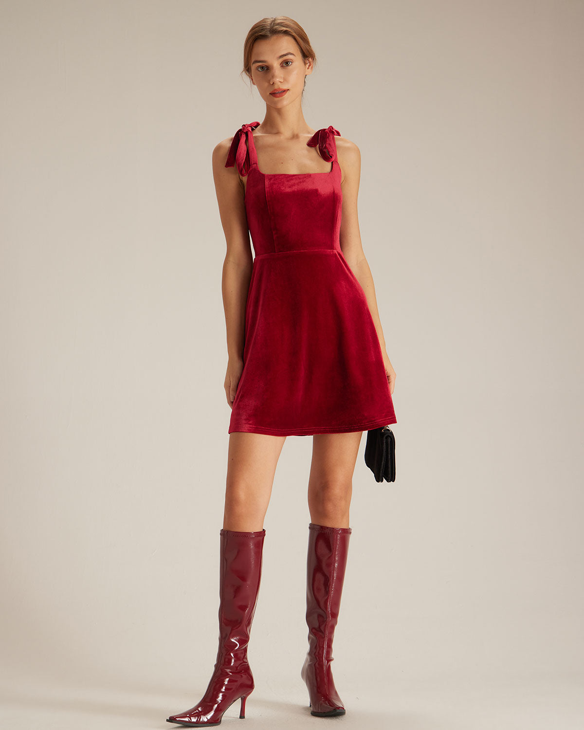 The Red Tie Shoulder Velvet A-Line Mini Dress