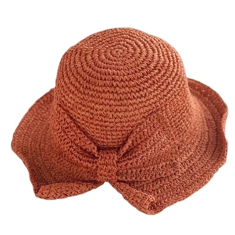 Women's Basic Solid Color Bowknot Crimping Straw Hat