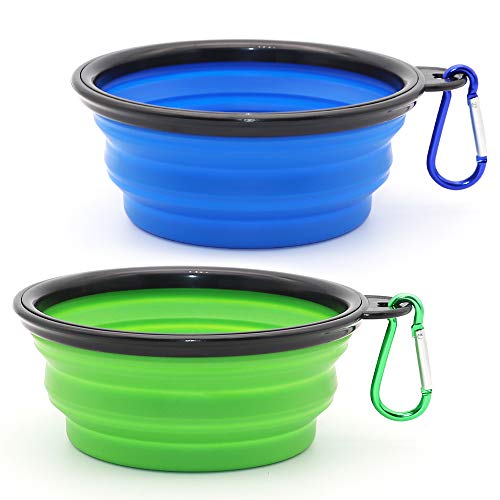 Dog Bowl Pet Collapsible Bowls. 2 Pack for Cats Dogs. Portable Pet Feeding Watering Dish for Walking Parking Traveling with 2 Carabiners (Small. Blue+Green)