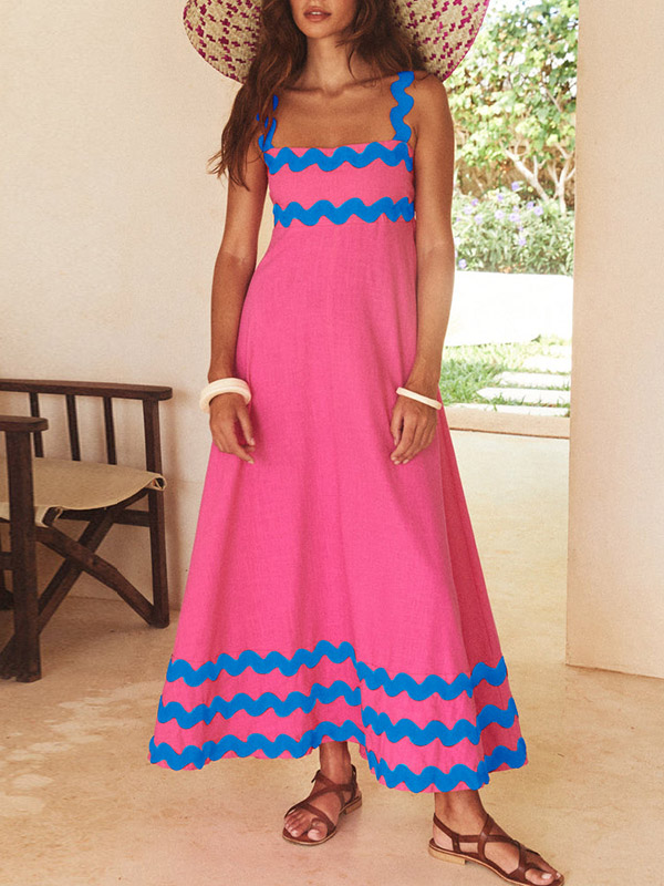 A-Line High Waisted Contrast Color Zipper Square-Neck Midi Dresses