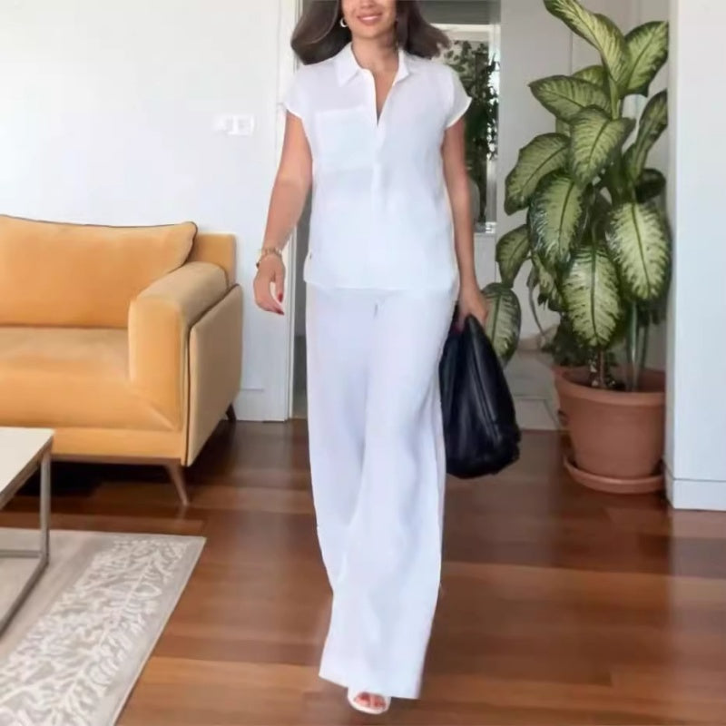 CASUAL SOLID COLOR COTTON AND LINEN PANTS TWO-PIECE SET