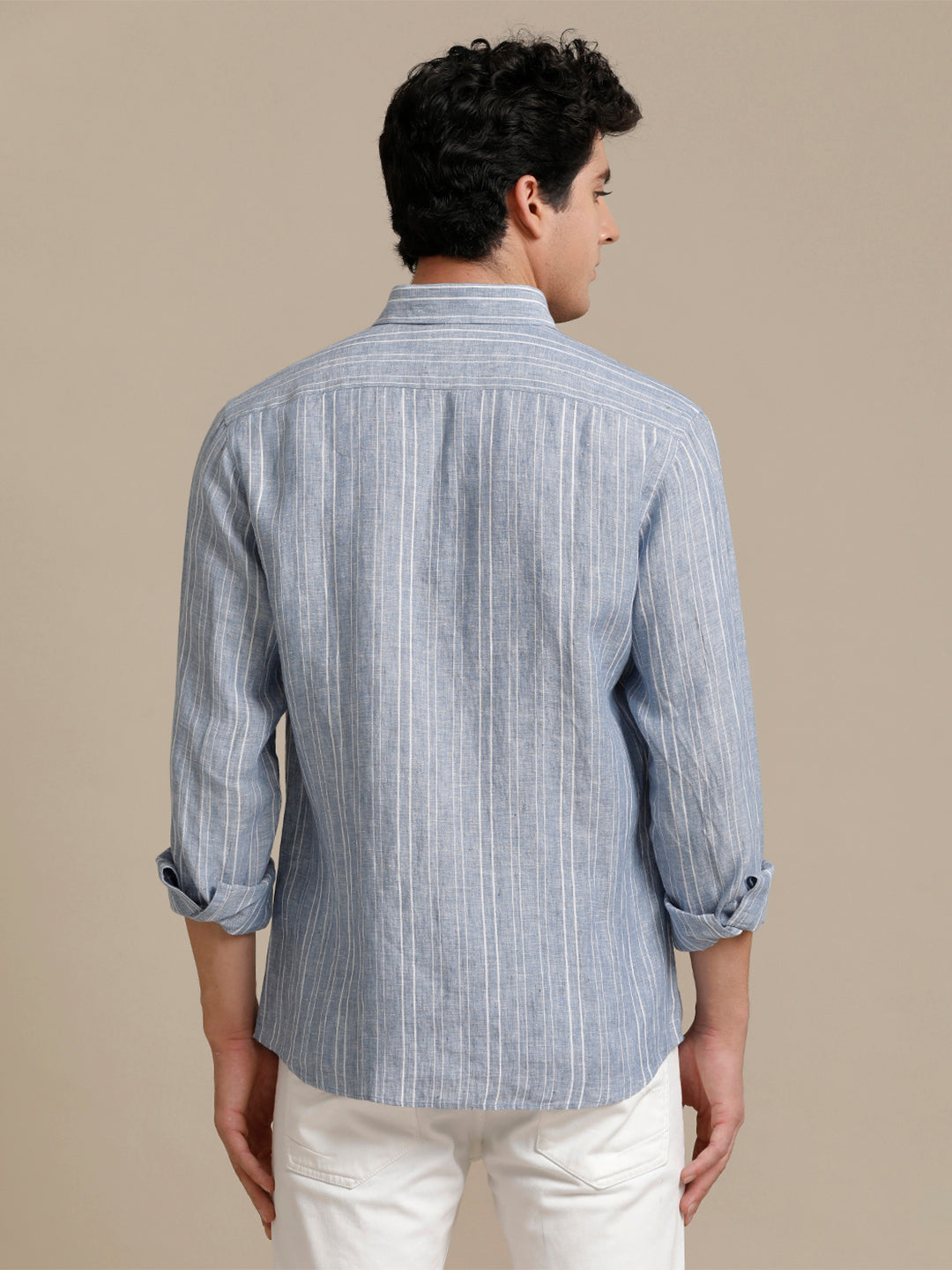 Mens Regular Fit Blue/White Stripe Casual Linen Shirt (LABUL)