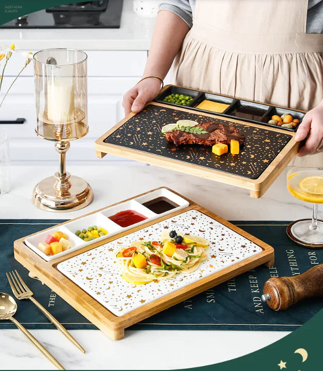 Marble Style Steak Plate With Bamboo Base