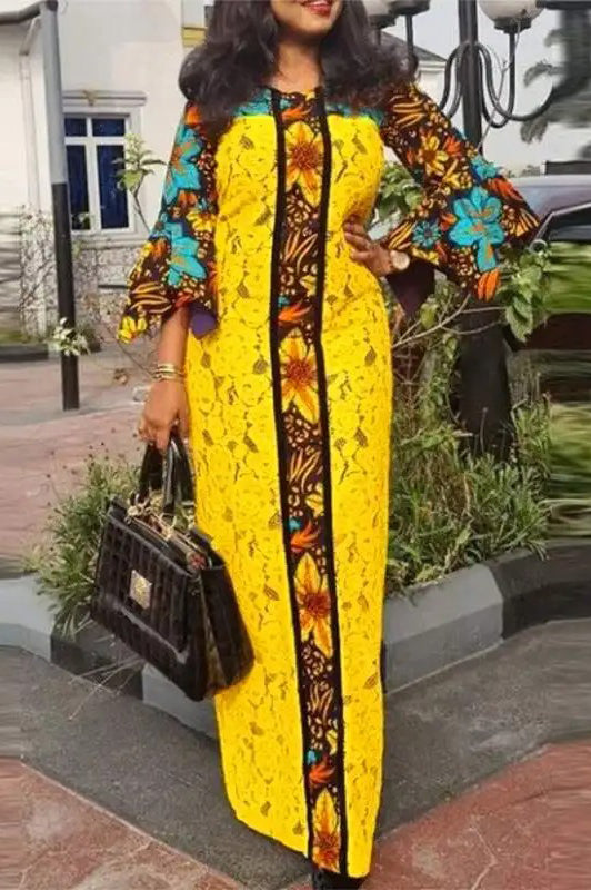 Vintage Casual Flare Sleeve Floral Printed Loose Maxi Dress