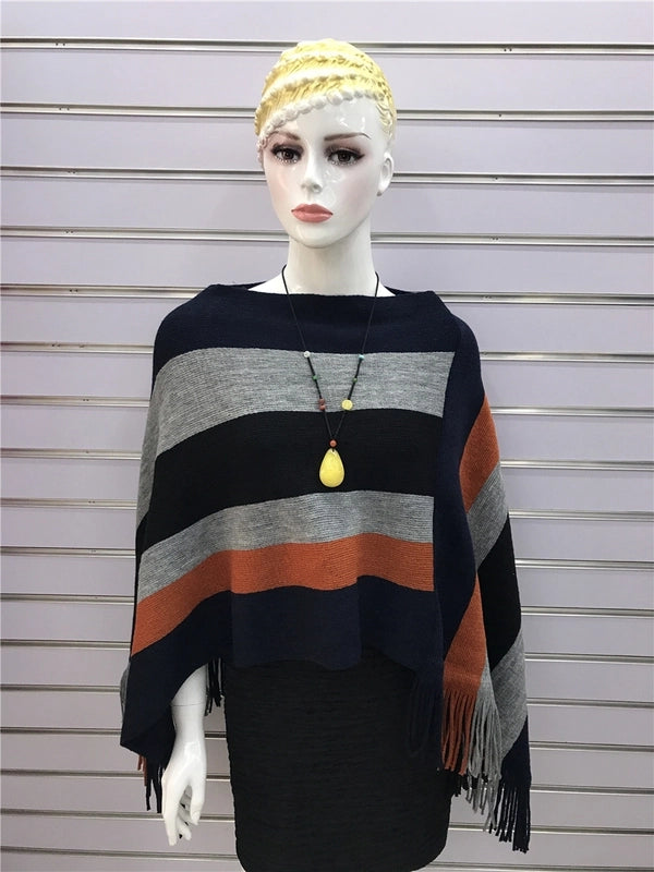 Women's Wear Tassel Pullover Midi Knitted Cloak Women's Winter Fashion Shawl Striped Sweater Coat