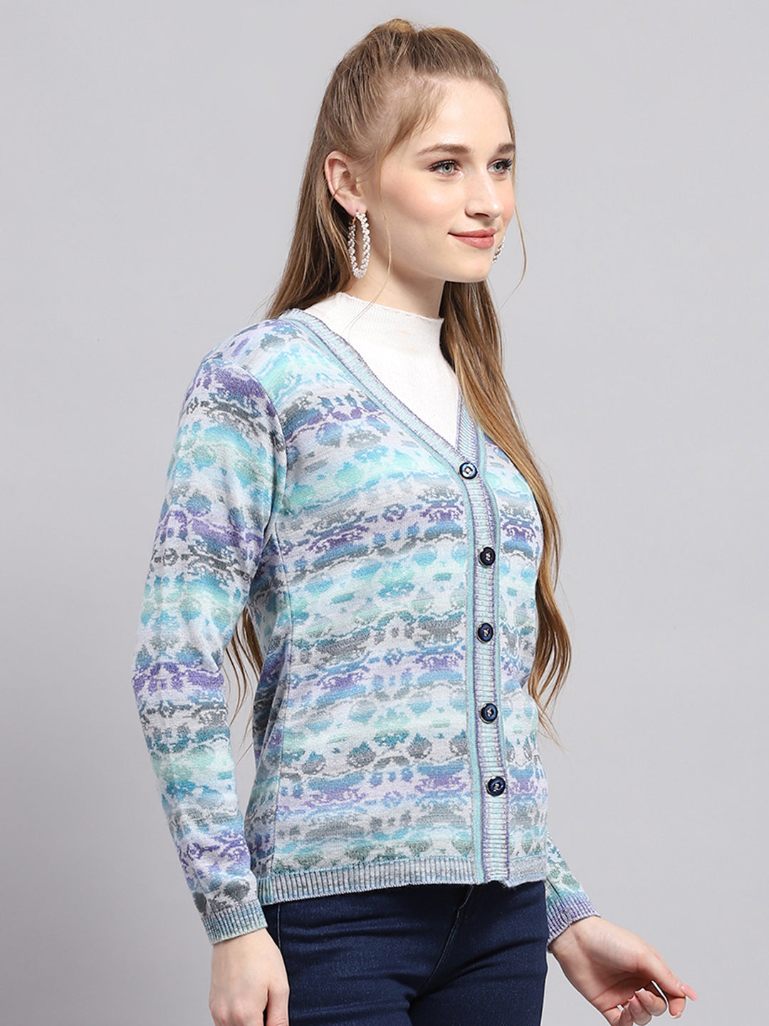 Women Blue Self Design V Neck Full Sleeve Cardigan