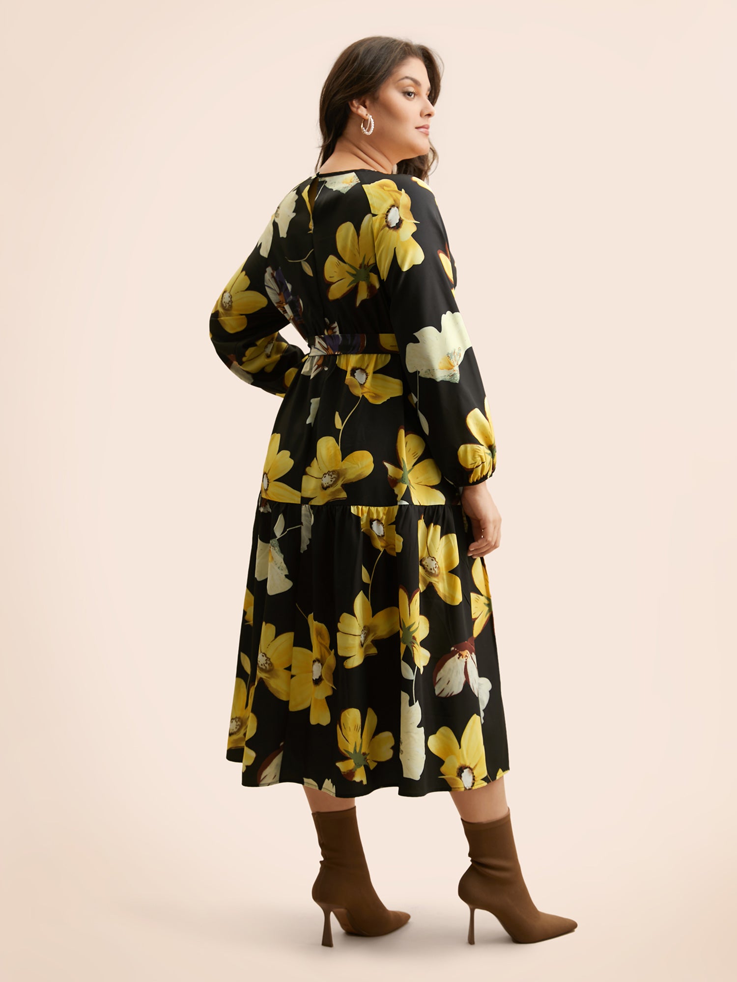 Floral Round Neck Gathered Belted Dress