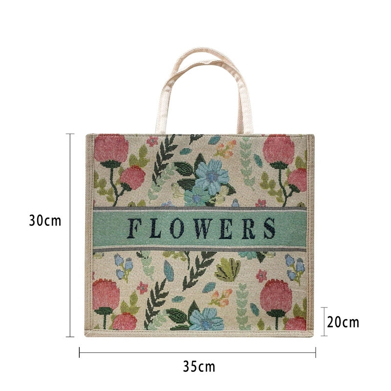 Women's Medium Cotton And Linen Letter Flower Streetwear Magnetic Buckle Tote Bag