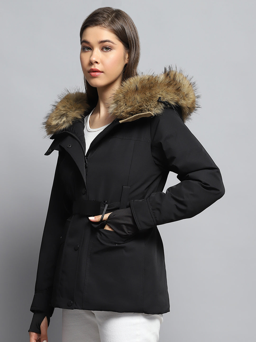 Women Black Solid Hooded Full Sleeve Jacket