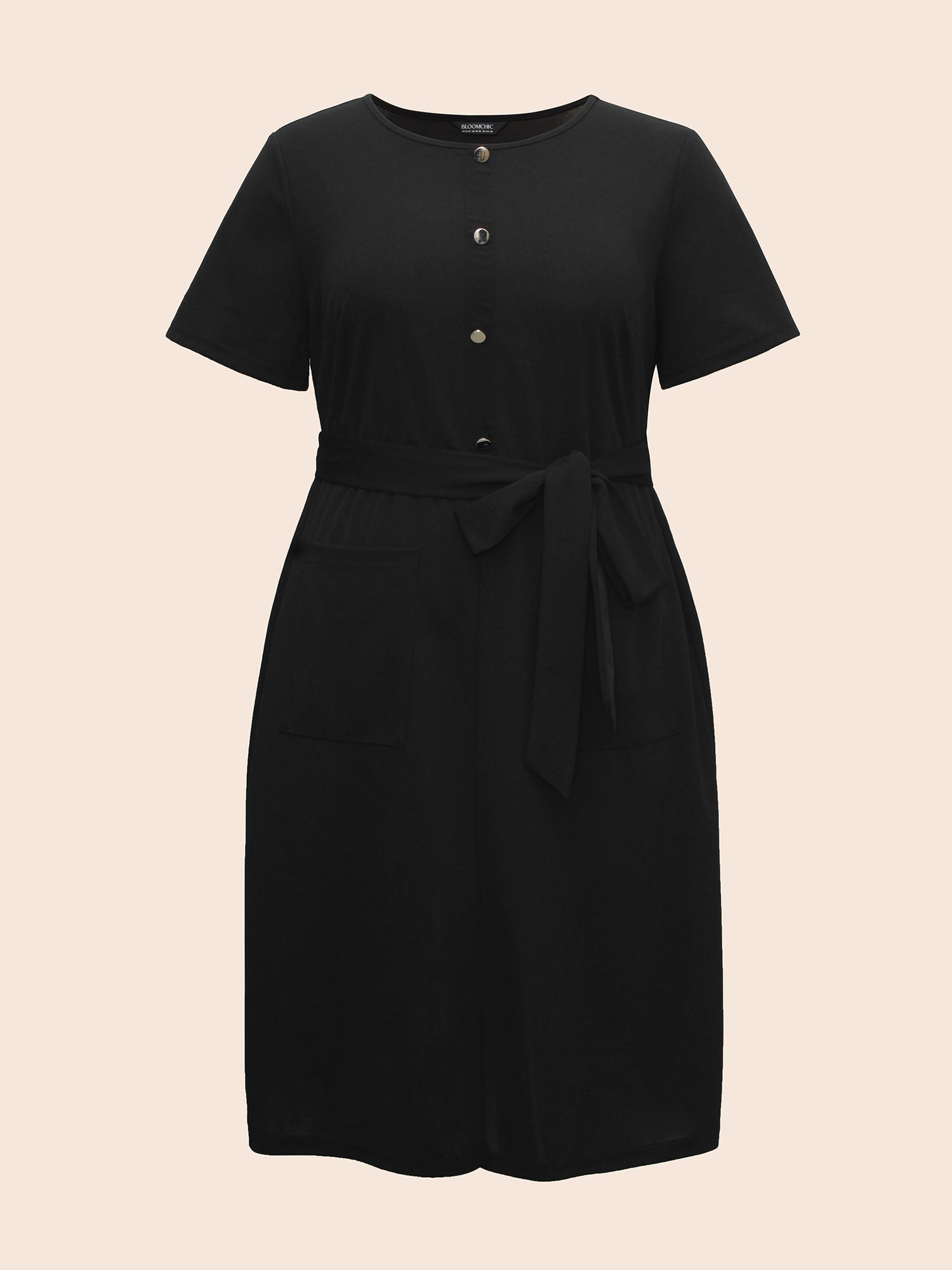 Crew Neck Metal Button Detail Belted Dress