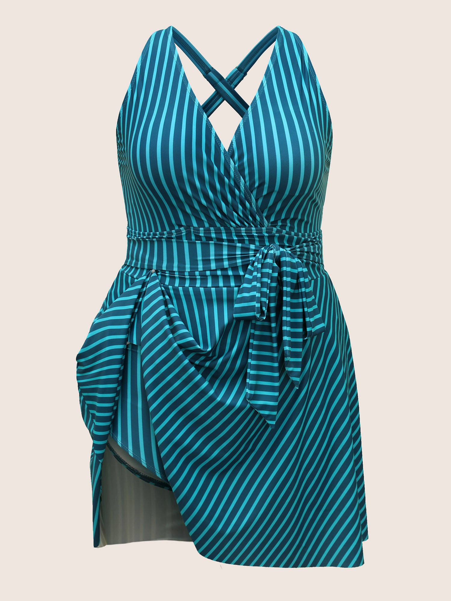 Overlap Collar Striped Tie Knot Swim Dress