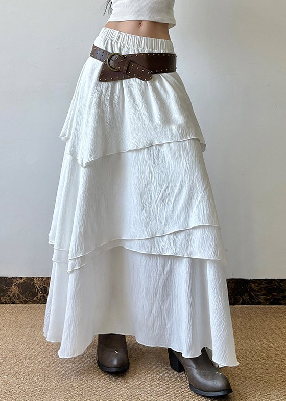 Bohemian White Layered Solid Elastic Waist Cotton Skirts Summer