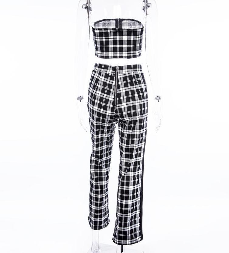 Plaid Two Piece Tube Top Trouser Set