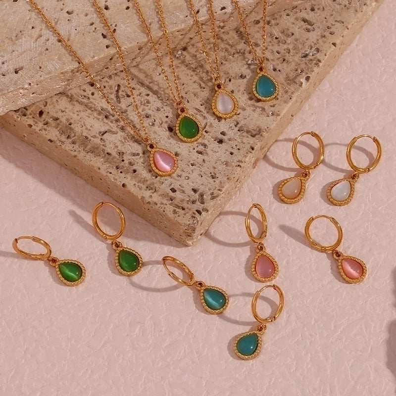 Retro Water Droplets 304 Stainless Steel Opal 18K Gold Plated Plating Pendant Necklace