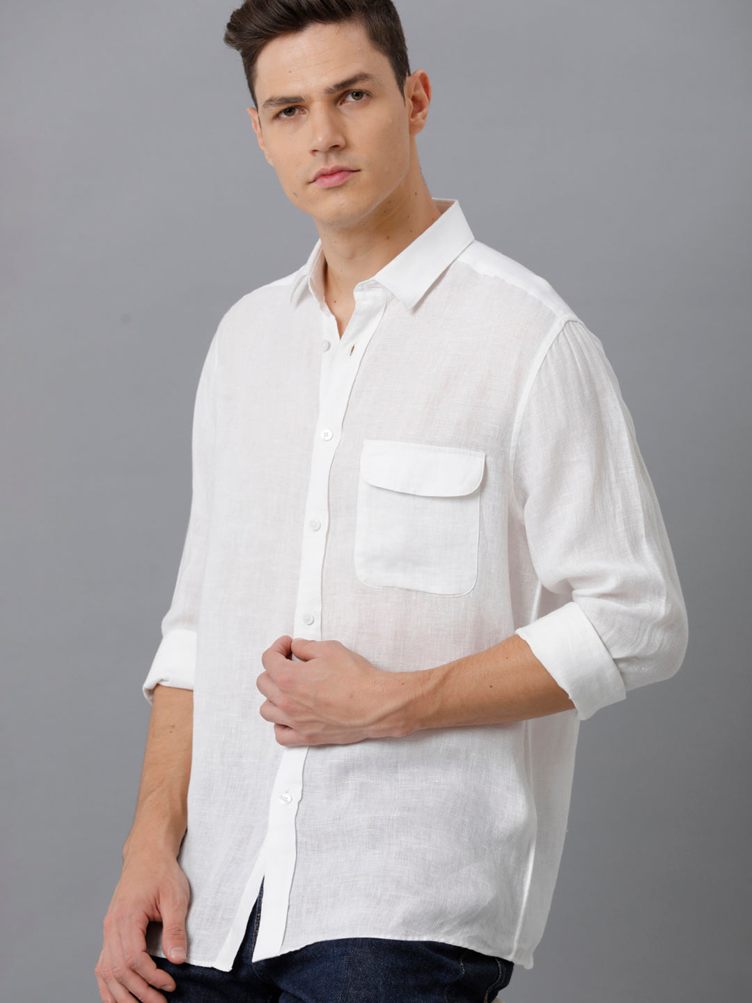 Mens Regular Fit Solid White Casual Linen Shirt (LINNO)