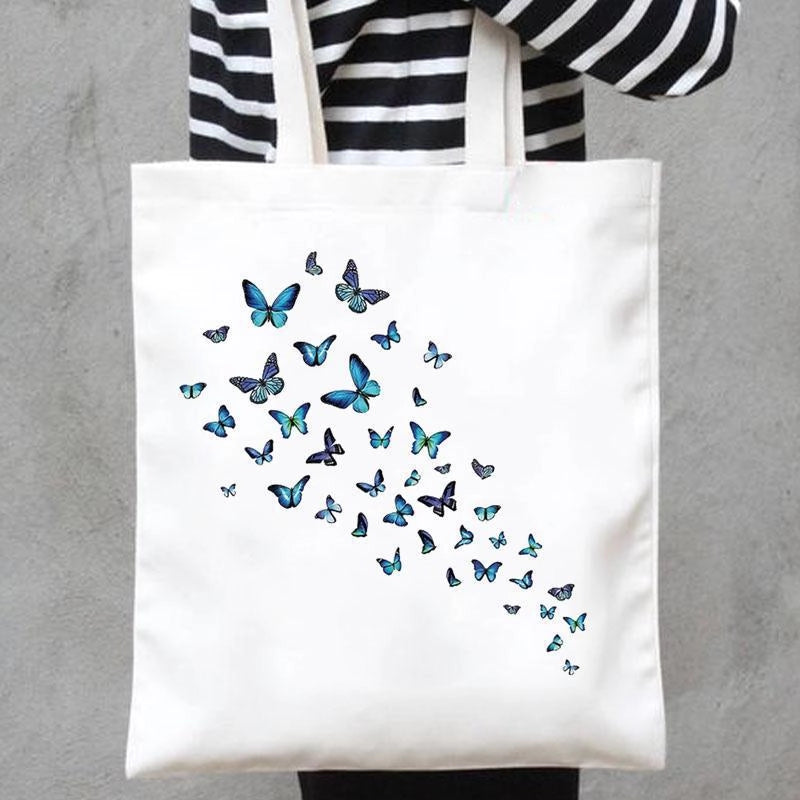 Women's Canvas Printing Heart Shape Butterfly Streetwear Square Open Canvas Bag