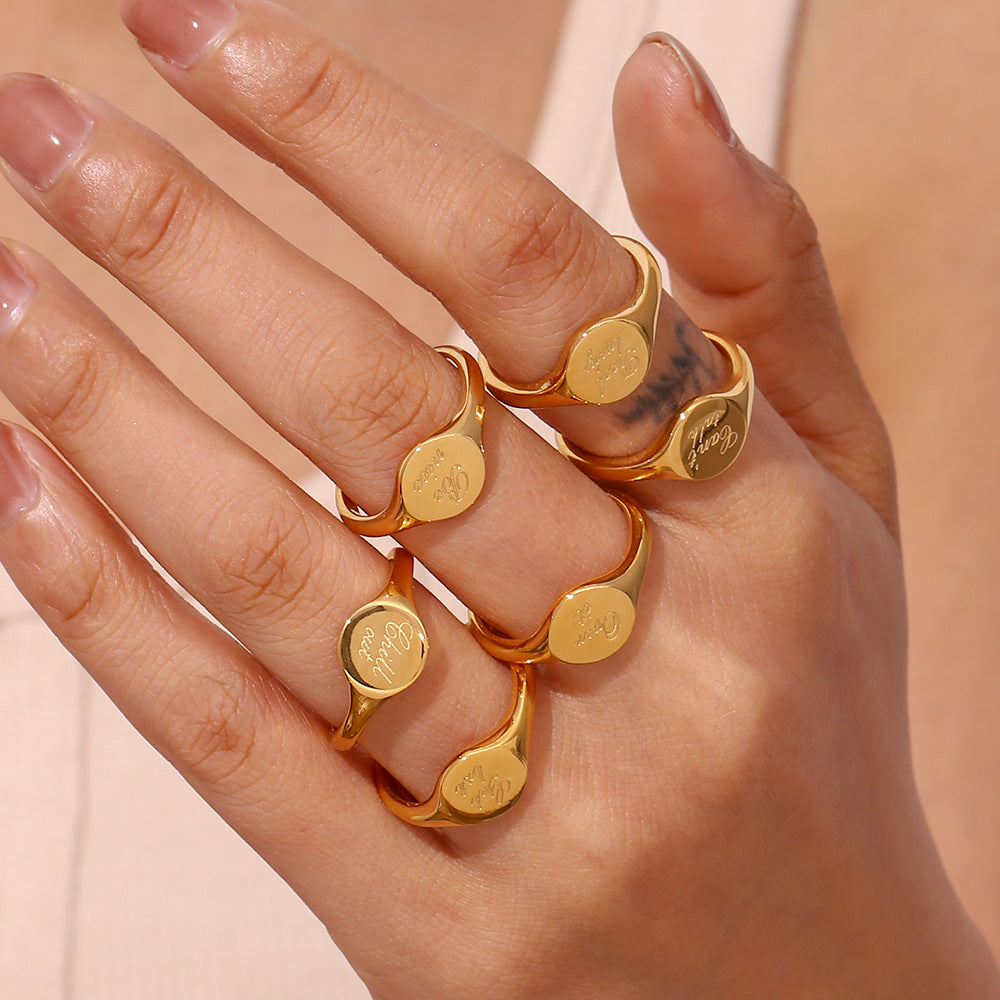 Minimalist Women Letter Number Text Stainless Steel 18K Gold Plated Rings